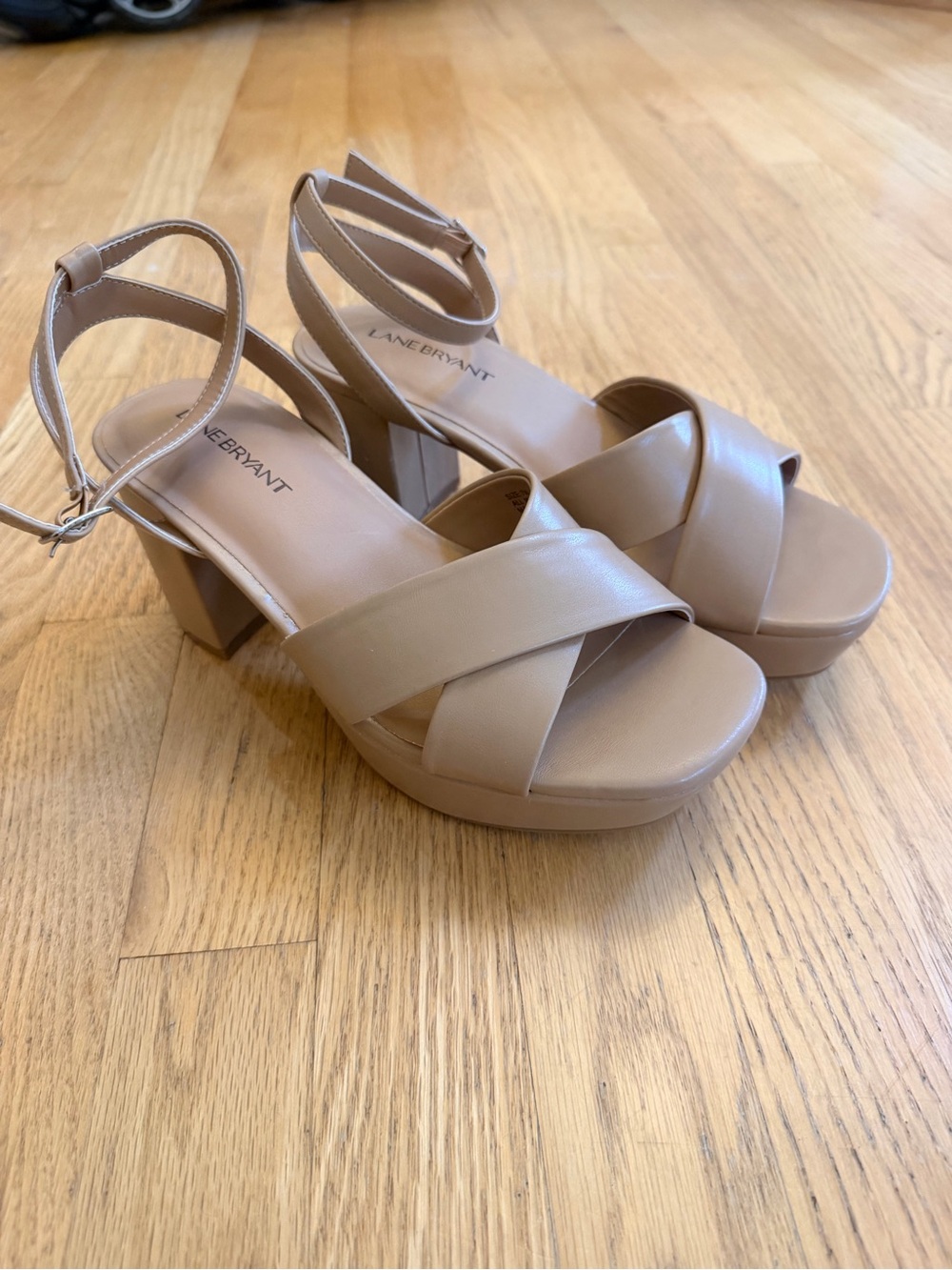 Ladies Size 7W Wide "Lane Bryant" Neutral Tan Platform Block-Heel Sandals GUC